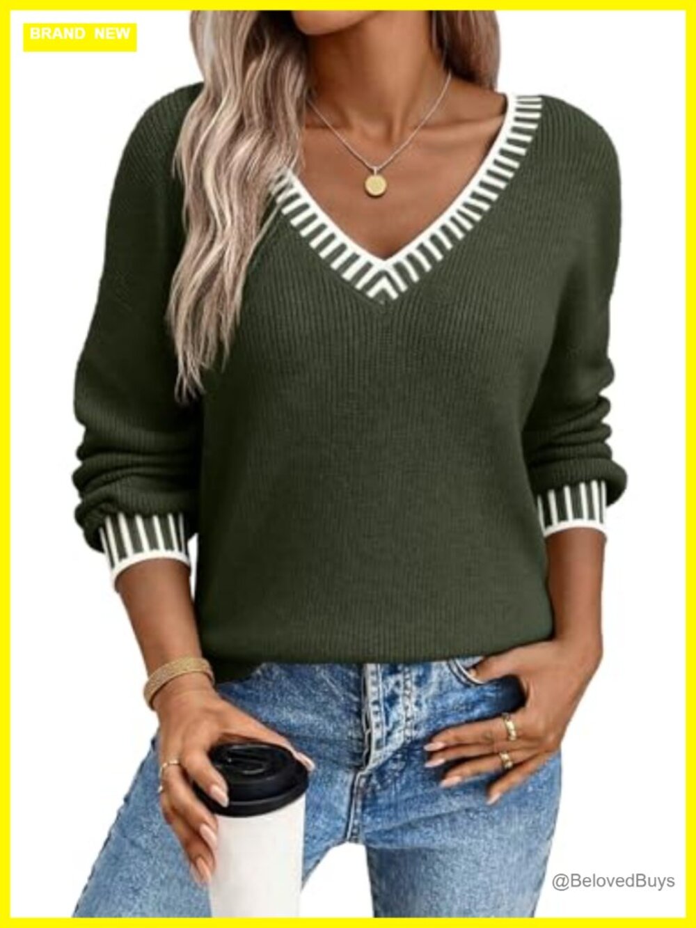 V Neck Long Sleeve Chunky Knit Pullover Sweater Loose Fit